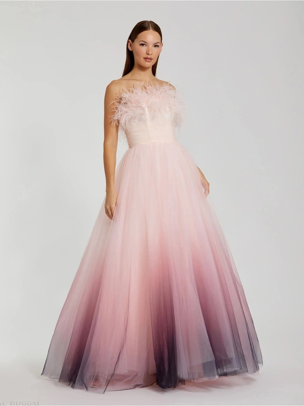 Mac Duggal 20557 Pink Ombre Strapless Feather Bodice Tulle Gown Size 6 NWT